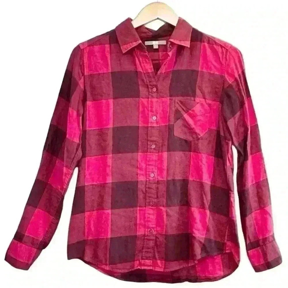 🌈 6/$60, Uniqlo Women’s Flannel, Pink, Maroon Plaid, Front Pocket, Medium - Picture 1 of 6